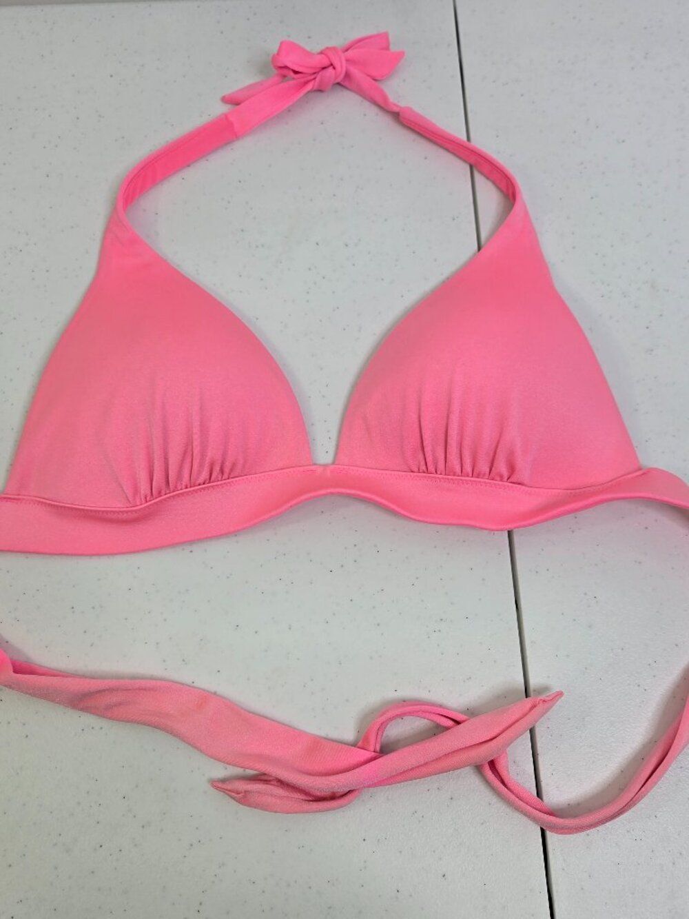 Victorias Secret Bikini Top L Neon Pink Halter Tie Ruched Padded Bright